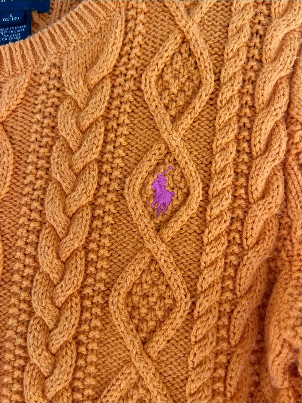 Ralph Lauren Orange Cable-Knit Crewneck Sweater Blue Label size 12/14 Girls